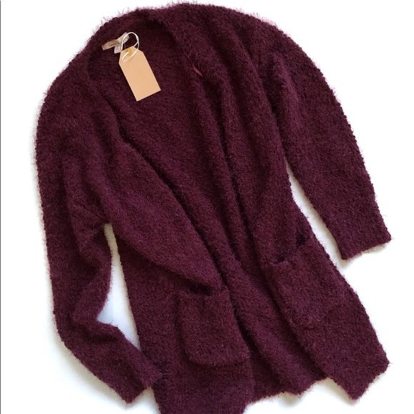 Love Tree Sweaters - Long fuzzy knit burgundy open cardigan